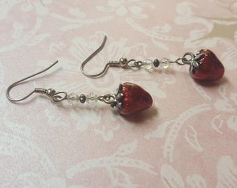 INNOCENCE. PURITY. PEACE. - Stunning Strawberries and Swarovski Earrings - Red and Silver Strawberry Clear Crystal - Tiny Spark Studio