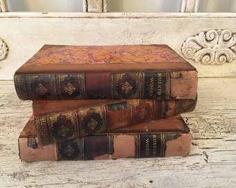 Small Antique Leather Book Stack - Rustic Home Decor - Library Wedding Book Bundle - Beautiful Marbled Covers