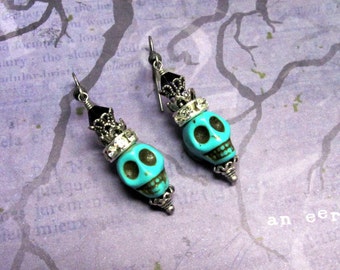 Turquoise Skull Earrings, Halloween Earrings, Dia De Los Muertos, Day of the Dead, Skull Earrings, Skull Jewelry, Halloween Jewelry, Holiday