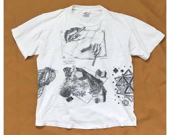 90's MC Escher all over prints tee Andazia tag XL made in U.S.A.