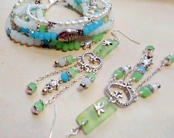 Sea Glass Shades Cuff and Earrings Set/Green/Blue/Milk glass/Dragonfly/Turtle