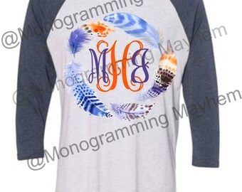 Feather Wreath Printed Navy Raglan with Monogram