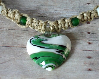 Surfer Phatty Thick Hemp Necklace With Glass Heart And Beads Choker