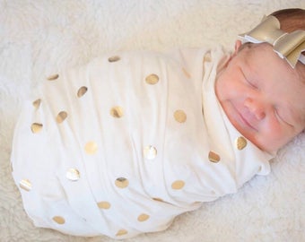 Gold polka dot knit swaddle blanket | metallic gold dots swaddling blanket | white and gold baby blanket