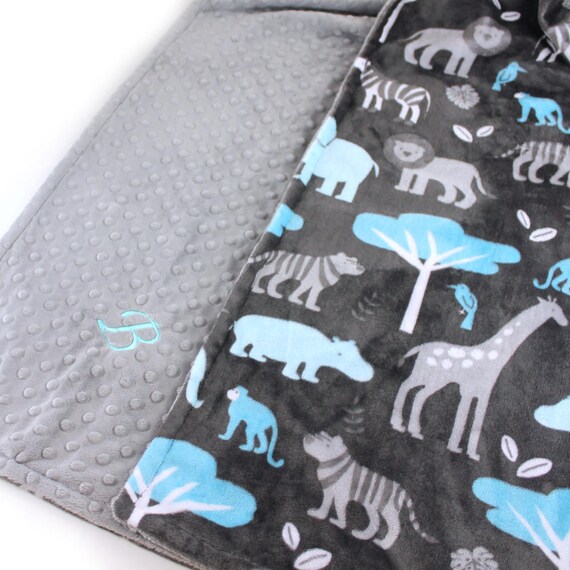 Personalized Blanket, Baby Boy Minky Baby Blanket, Baby Gift, Blue Gray Zoo Animal Blanket, Custom Baby Blanket, Receiving Blanket, Handmade