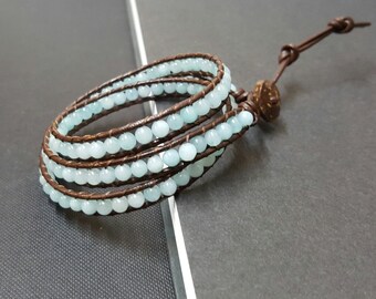 Blue Jade Brown Leather Triple Wrap Bracelet/Anklet
