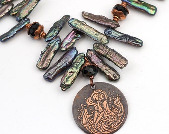Copper mermaid necklace with multicolor freshwater baroque pearls, etched metal, 19 3/4 inches long
