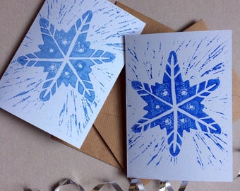 Pack of 2 Blue Snowflake Linoprint Greeting Cards with Vegan Envelopes (Blank) - Made from 100% Recycled Card and Compostable Packaging