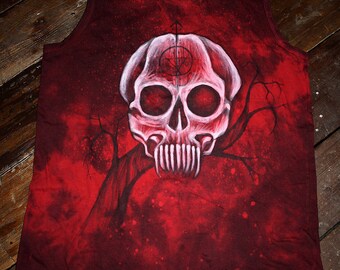 Hand dyed hand painted unique gothic blood red skull paint tank size M