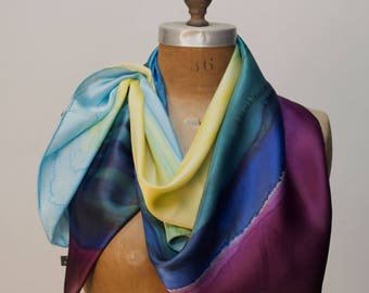 Blue and turquoise 100% Silk Scarf Wearable Art