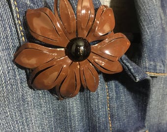 Vintage Brown Metal Flower Brooch