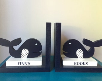 Whale bookends, personalized, nautical nursery, whale nursery, children's bookends, boy's bookends, navy and white, wooden whale