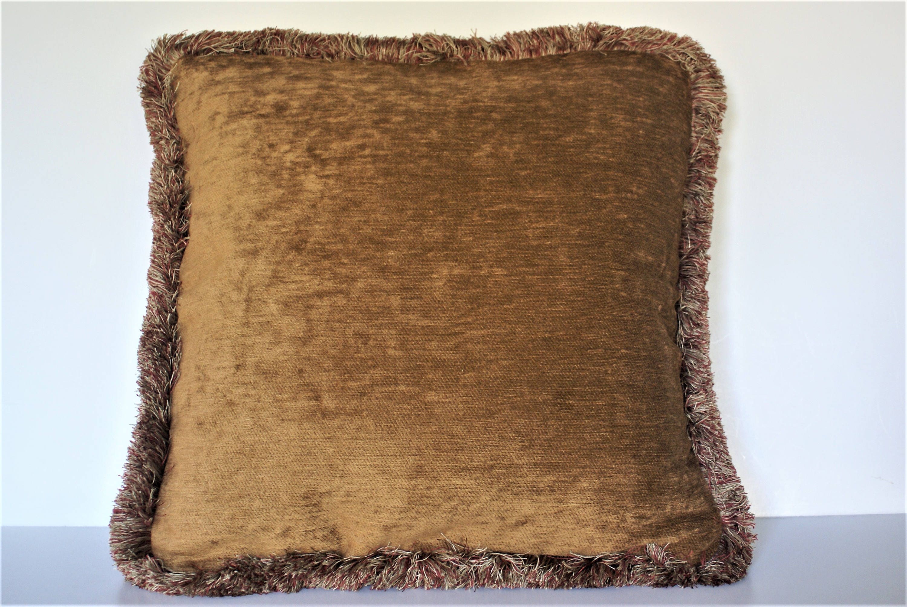 large solid rust gold chenille gold fringe throw pillow for