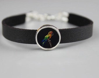 Hand painted micro painting of sun conure parrot on leather bracelet, choker or necklace