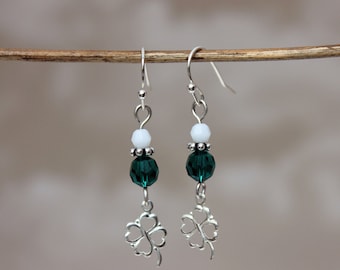 Shamrock 4 leaf clover earrings, Green Swarovski crystal beads, Sterling Silver hooks