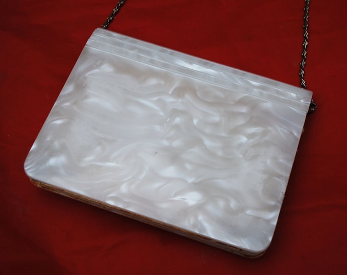 White Lucite Purse Clutch Mother of pearl plastic leather Mod Evening Bag