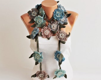 crochet lariat necklace scarf ,flower necklace scarf