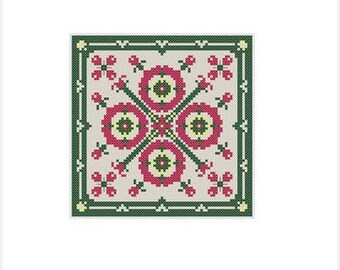 Green Red Square Pattern, Crosstitch