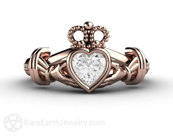 Claddagh Ring White Sapphire Engagement Ring Irish Promise Ring 14K or 18K White Yellow or Rose Gold