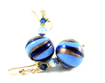 Cobalt Blue Gold Murano Earrings, Glass Earrings, Modern Earrings, Dangle Earrings, Venetian Murano Earrings, Murano Jewelry - Blue Ribbon