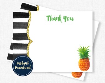 Pineapple Thank You Cards, Black and Gold Thank You, Birthday Thank You, Blank Thank You, Printable INSTANT DOWNLOAD