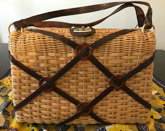 Vintage Rattan and Leather Purse by Mr Jonas Hong Kong