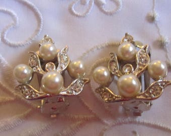 Vintage Silver Tone Faux Pearl and Clear Rhinestone Clip On Earrings by Marel