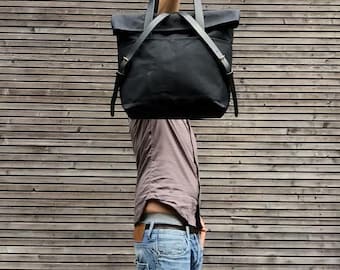Waxed canvas tote bag with leather handles and fold to close top / waterproof tote bag