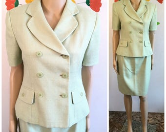 80s 90s Womens Green Dress Suit Vintage Power Suit LE SUIT Size 6 Petite Double Breasted Business Suit 1980s 1990s