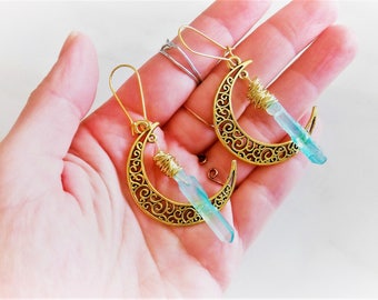 Crystal Earrings, Aura Crystal Earrings, Celestial Earrings, Crescent Moon Earrings, Raw Stone Earrings, Boho Earrings, Aura Quartz Earrings