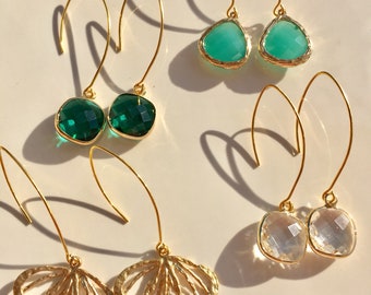 NEW Jewel Drop Earrings || Brushed Gold || French Hook || Emerald Earrings || Pop of Color
