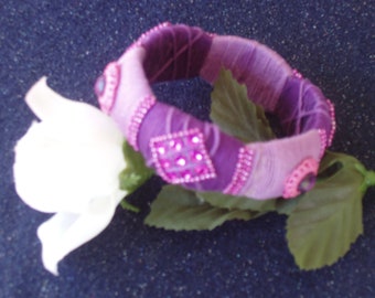 Bangle, bracelet, embroidery floss, bead trim, chain trim