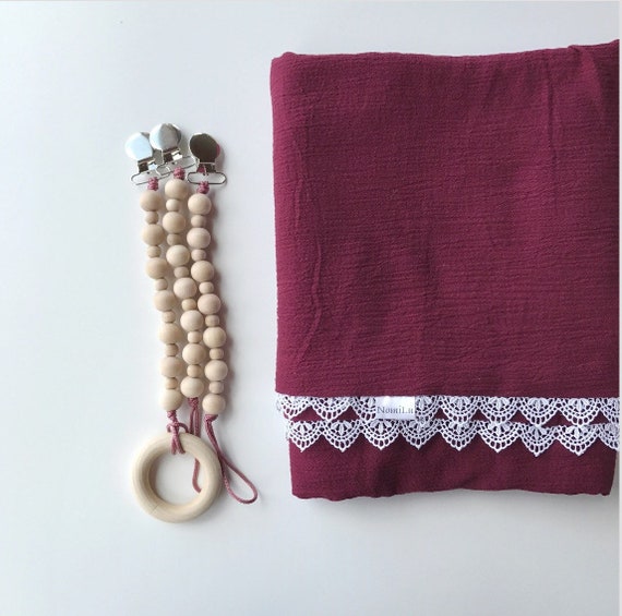 NomiLu Heirloom Lace BURGUNDY Swaddle Blanket -- Muslin Cotton Gauze and Lace