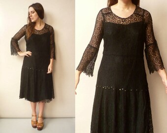 1920's Vintage Antique Black Lace Midi Flapper Dress