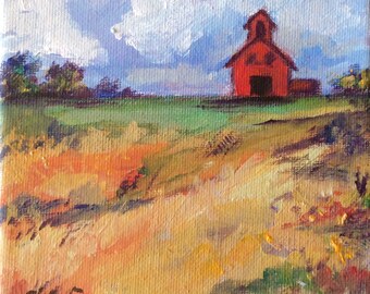Red Barn 2 Landscape Painting rural art original painting 5 x 5"