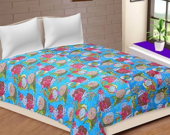 Fruit Print King Size Kantha Quilt, Kantha Bedspread, Bed Cover, Bohemian Bedding bedspread kantha throw