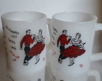 Federal coffee mugs dancing theme/1950's/coffee cups/milk glass/rare/themed/minty