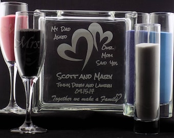 50% OFF! HALF OFF!! 4 Days Only! Personalized Blended Family Sand Ceremony Set 8" Glass Block w/choice of 3 Pouring Containers Extra Avail