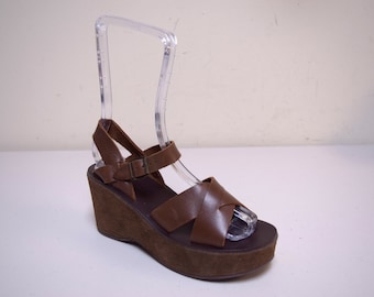 KORK-EASE Dark Brown Leather Cross Ankle Strap Platform Sandals Spain Size 37