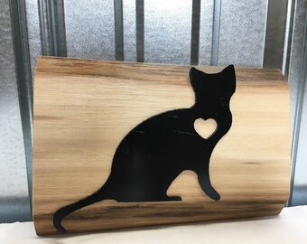 Small Metal Cat on Live Edge Walnut Wood