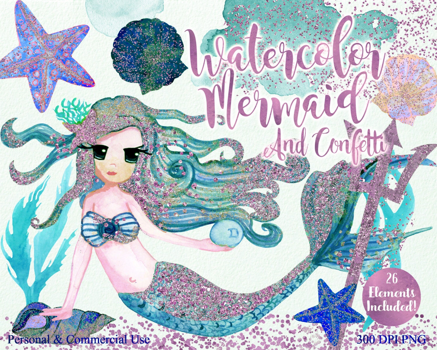 Download CUTE MERMAID CLIPART Commercial Use Clip Art Teal & Pink ...