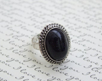 Galaxy Adjustable Stone Ring, Antique Silver Oval Ring, Statement Ring, Black Gemstone Ring, UNDER 30