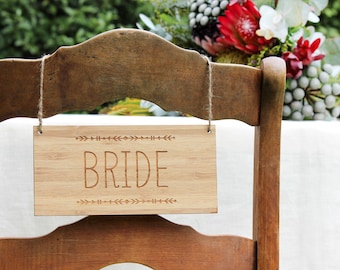 SALE Bride & Groom Bamboo Wood Wedding chair signs - tribal - laser cut etched wood - bohemian wedding