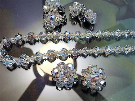 Crystal Necklace / Clip On Earrings / Demi Parure Set / Mid Century
