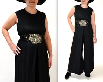 Vintage Black Jump Suit size Large XL with Rhinestones// Black and Silver Metallic Jumpsuit Palazzo Pants Size Large
