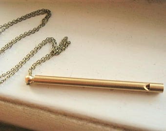 Whistle Necklace Gold Long Whistle Vintage Brass Whistle Working Whistle Jewelry