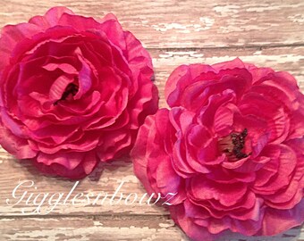 2 Ruffle Ranunculus Flowers- Hot Pink Ranunculus 4" Flower Heads- Wedding Supplies- DIY Wedding- Bridal Bouquet- Headband Flower
