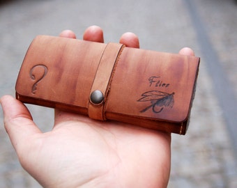 Unique Fly Fishing Leather Wallet Personalized with Pyrography and Initials-hand made - pyrography leather - fishermen gift