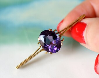 Brooch pin in yellow gold and Amethyst - 19th century / / / Antique 18Kt gold and amethyst bar brooch - 19th century