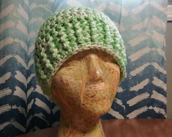 Chunky Messy-Bun/Ponytail Hat - Lime Green & White